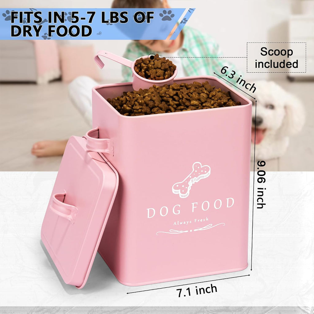 Small Dog Food Container and Dog Treats Container - Tight Lids - Feed Scoop and Pet Food Bowl - Farmhouse Metal