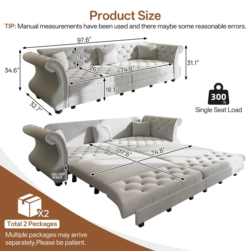 Sleeper Sofa Bed 97.6", Velvet Pull Out Couch, Chesterfield Sofa, Gray