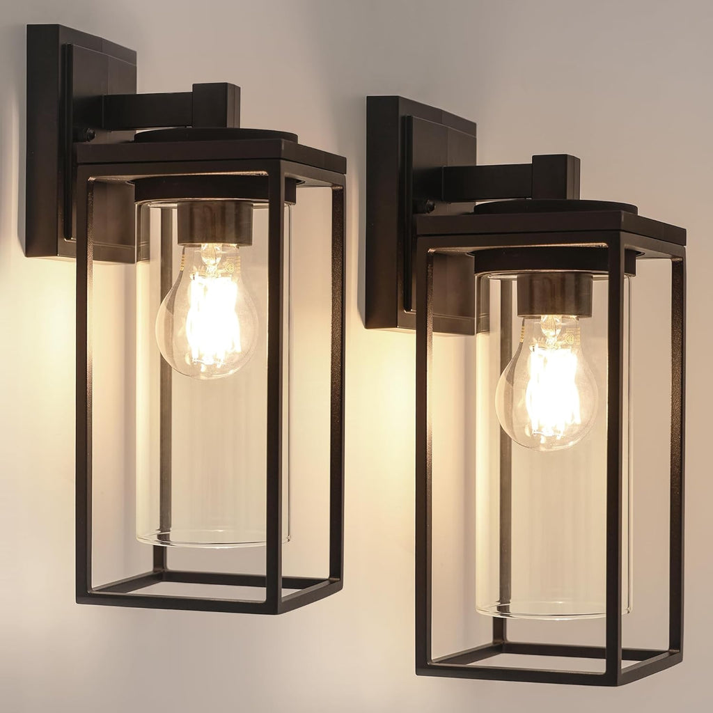 2 Pack Outdoor Wall Light Fixtures, Exterior Waterproof Lanterns with Aluminum Frame and Clear Glass Shade