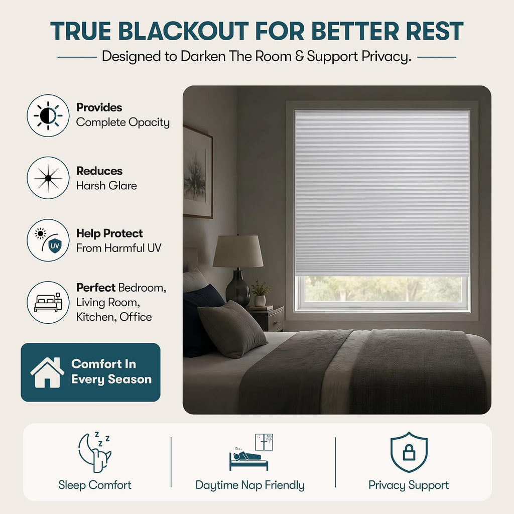Cellular Cordless Shades for Indoor Windows, No Drill No Tools, Adhesive Mount, Thermal Insulation, Room Darkening
