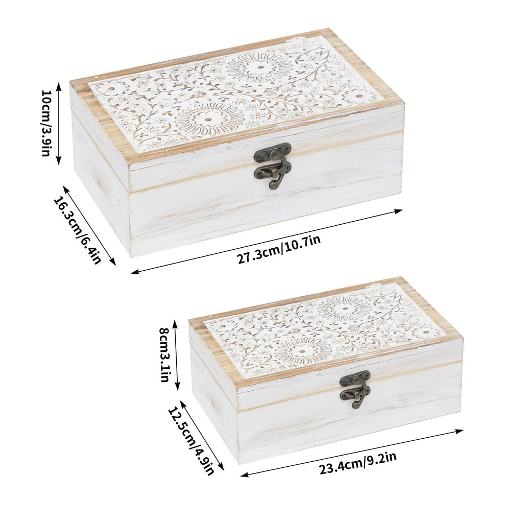 Rustic Farmhouse Decorative Wooden Boxes, Set of 2 Keepsake Box Decorative Boxes with Hinged Lid and Floral Carved