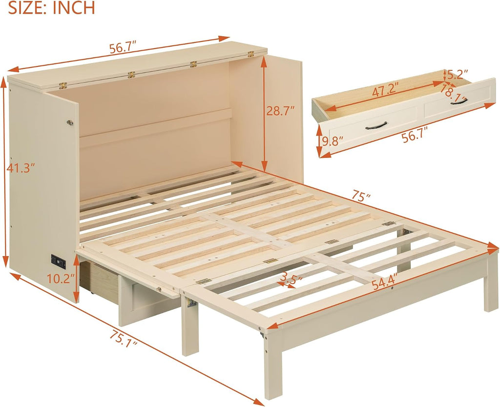 Full Murphy Bed with Charging Station and Large Storage Drawer, Foldable Pull Out Murphy Chest Bed for Apartments