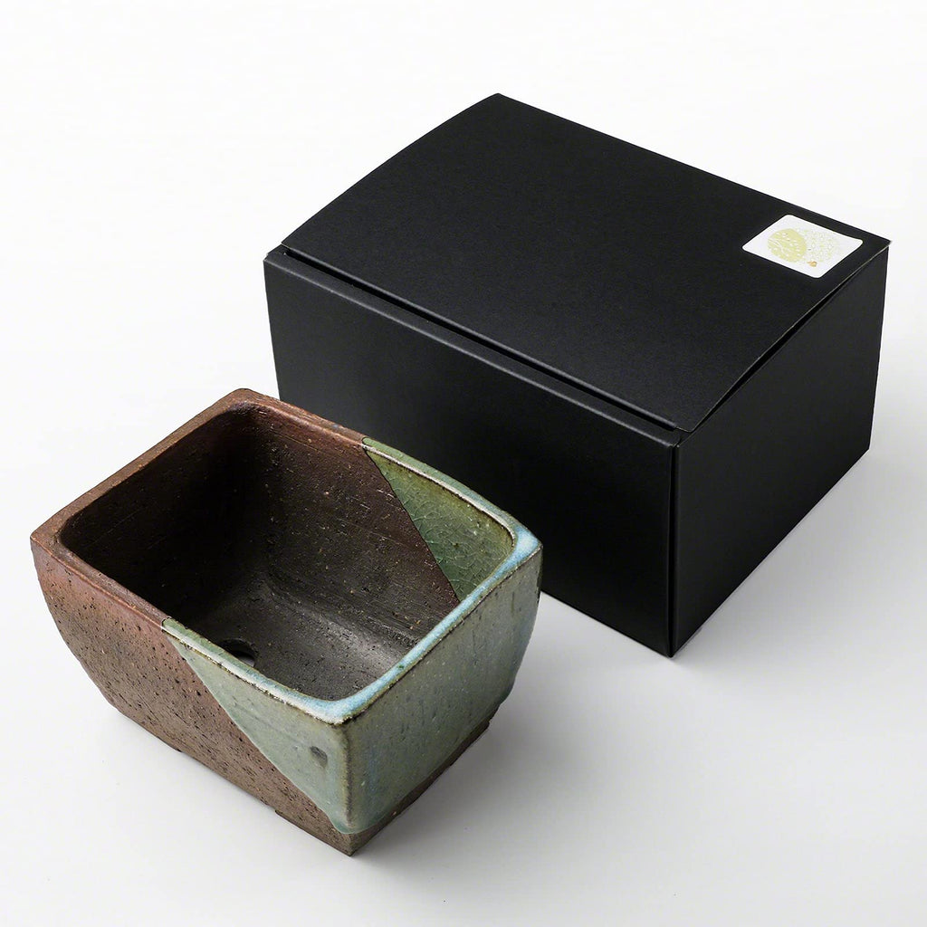 Tokoname Rectangular Bonsai Pot 5.3in, Handmade, Brown and Green