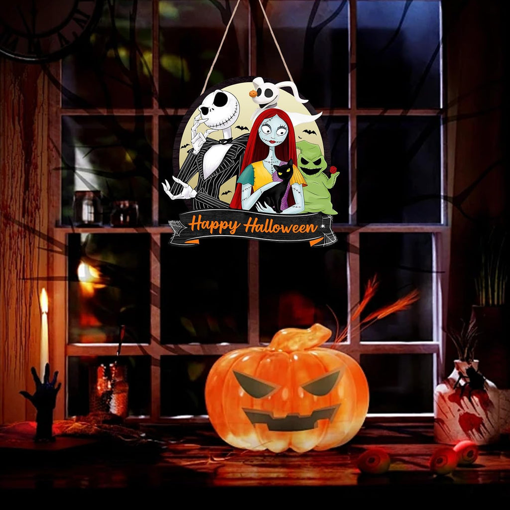 Halloween Door Sign Cartoon Nightmore Wreath Decorations ,Happy Halloween Hanging Signs Front Door Decor ,Rustic