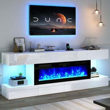 82" Fireplace TV Stand, LED Entertainment Center with 8 Drawer for 90" TVs