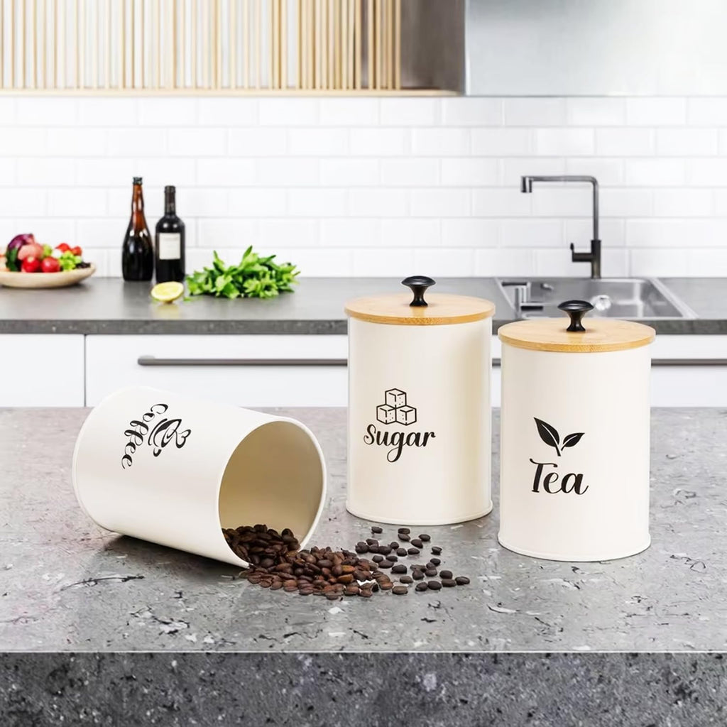 3 Pack Kitchen Canisters with Bamboo Lids, Metal Canister Set for the Kitchen Counter, Airtight Coffee Container Tea