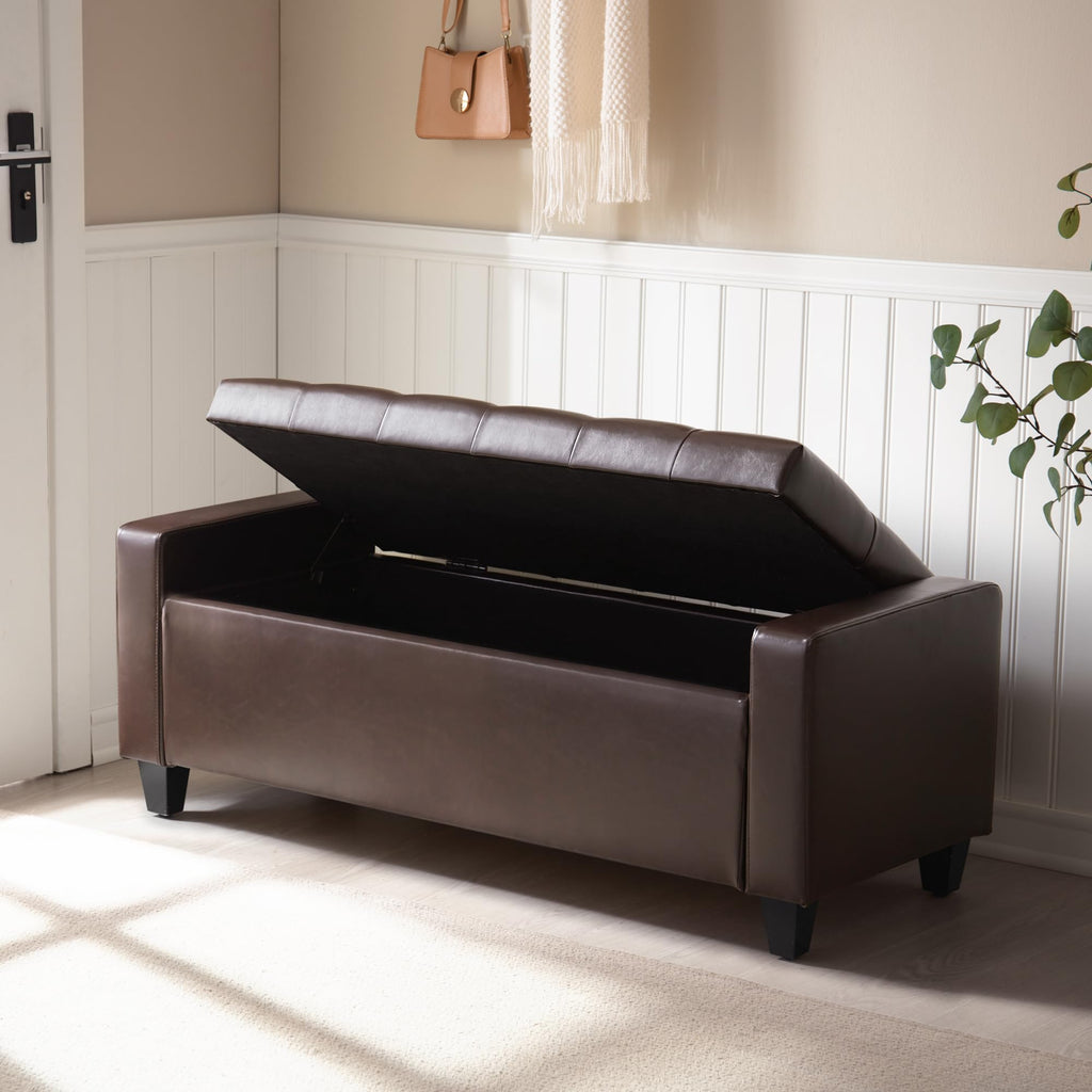 Ottoman with Storage, PU Leather Storage Bench(Dark Brown)