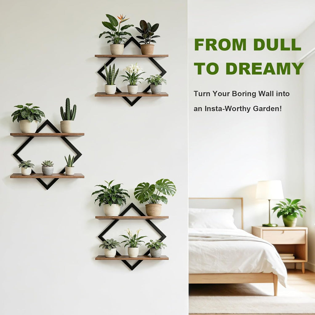 Set of 3 Floating Wall Shelves for Plants, Brown | Wall Planters for Indoor Plants, Wall Plant Holder, Plant Stand
