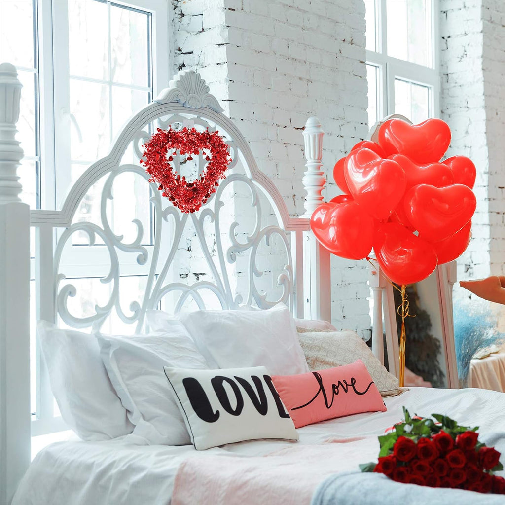 Red Valentine Heart Wreaths Tinsel Heart Shaped Wreaths with Foil Hearts Hanging Valentine's Day Wreaths - Set of 6