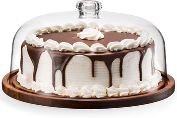 Cake Stand, Cake Plate Server Platter with Dome, Acacia Wood and Shaterproof Acrylic Lid