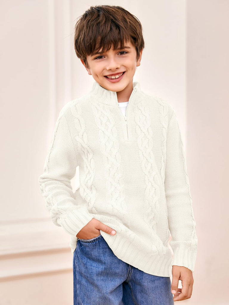 Toddler Boys' Girls' Cable Knit Pullover Sweater Quarter Zipper Long Sleeve Fall Winter Knitwear Outfit White
