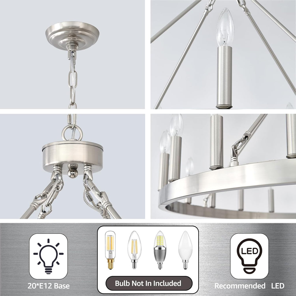 Inspired Camino Style Chandelier - Silver Wagon Wheel Chandelier 40", Farmhouse Brushed Nickel Chandelier for Dining Room 20-Light, Modern Round Living Room Chandeliers Light Fixture for Foyer, Entryway, E12 A105-B0DHVBHHXP
