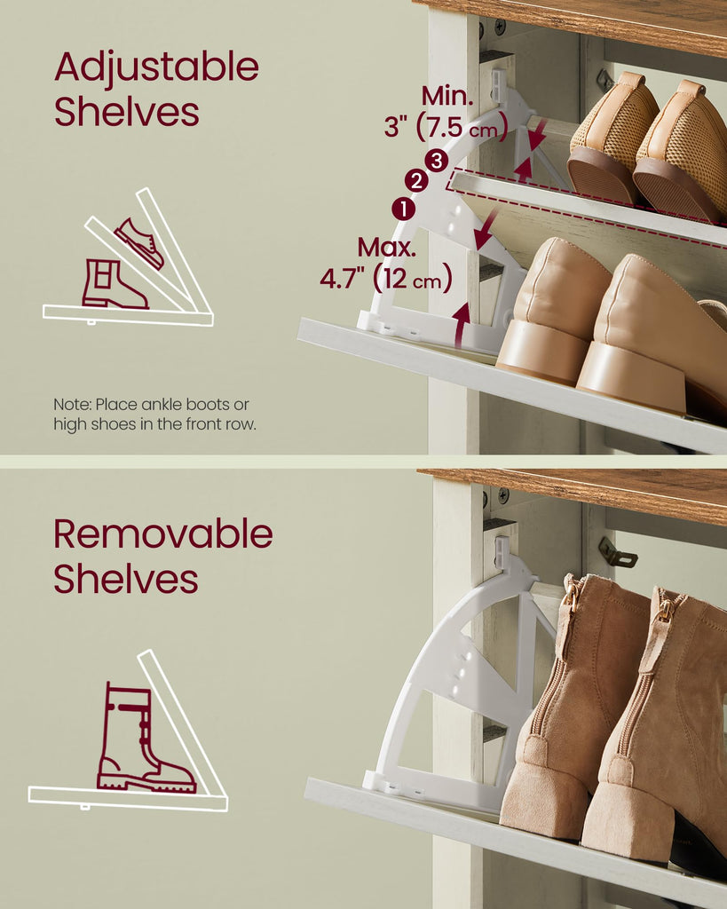 Farmhouse Shoe Cabinet, Narrow Storage Organizer, 3 Flip Drawers