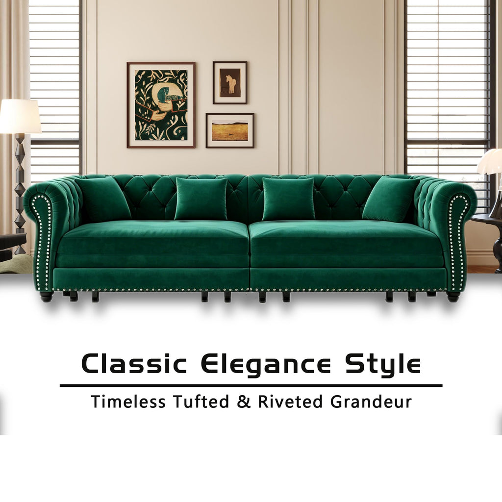 89'' Pull Out Couch King, Velvet Chesterfield Sleeper Sofa Bed, Green