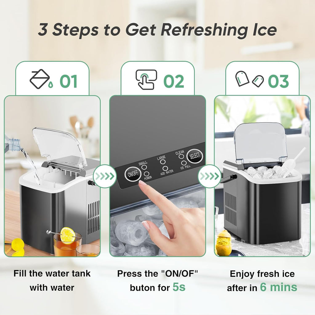 Countertop Ice Maker with Handle, 26lbs/24H Portable Ice Machine, 9 Bullet Cubes Ready in 6 Mins, Self-Cleaning