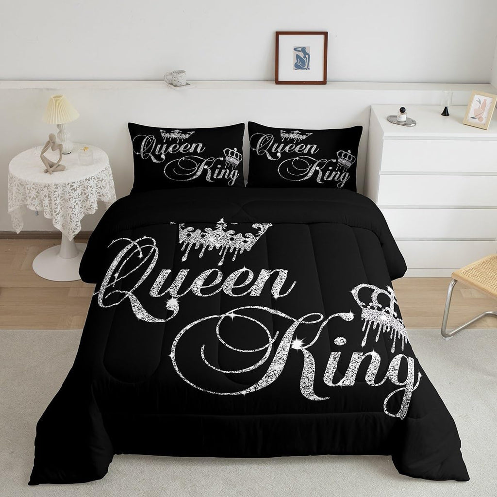Feelyou Crown Queen and King Couple Comforter Sets His and Hers Bedding Set for Teens Women Men Black Grey King,Lover