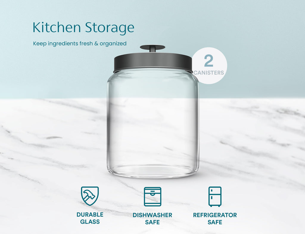 Glass Kitchen Canister Set, Food & Storage Containers for Pantry, Bathroom Apothecary Jars, Tinplate Lids, Counter