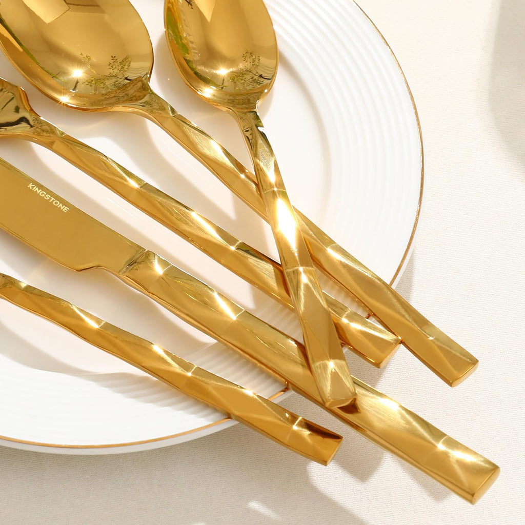 Gold Silverware Set, Luxury 20-Piece Flatware Set for 4, 18/10 Stainless Steel Cutlery Set with Diamond Cut Pattern