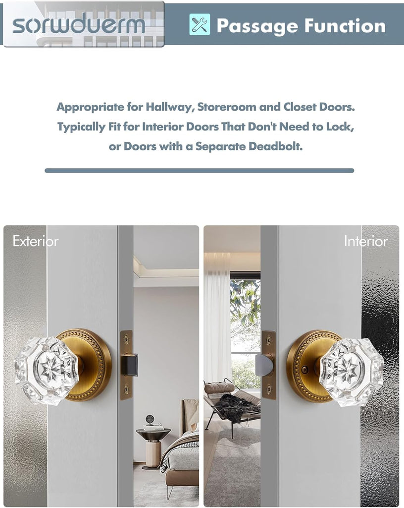 Door Knob Antique Brass Passage Crystal Glass Interior 1 Pack