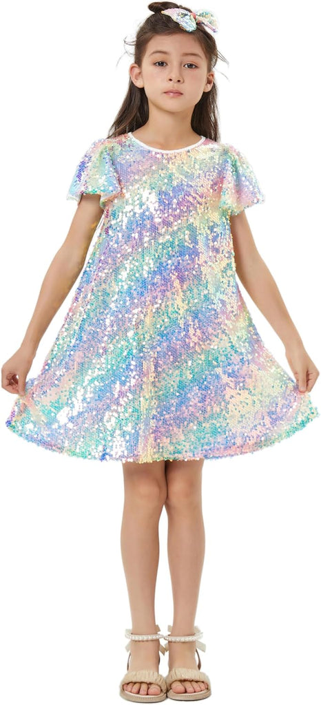 Sequin Dress Shiny Short Flutter Sleeve Midi Sparkly Party Dress with Hairbow