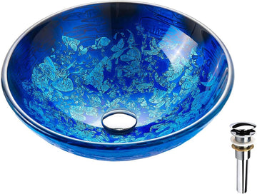 Blue OceanMystery Series Tempered Deco Glass Vessel Bathroom Sink in Starry Blue | Top Mount Sinks Above Countertop |