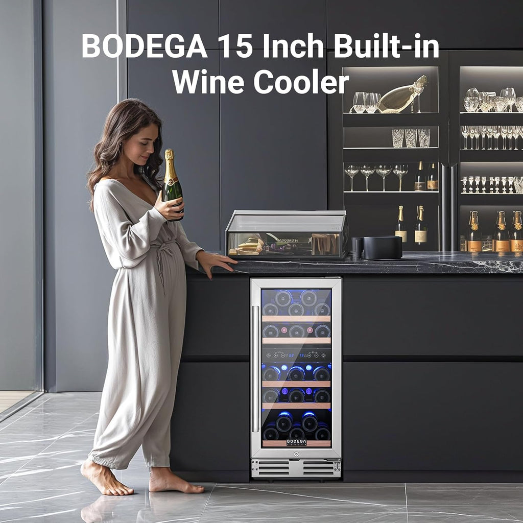 15 Inch Wine Fridge, 30 Bottles Dual Zone Wine Cooler, 41-68°F Wine Refrigerator