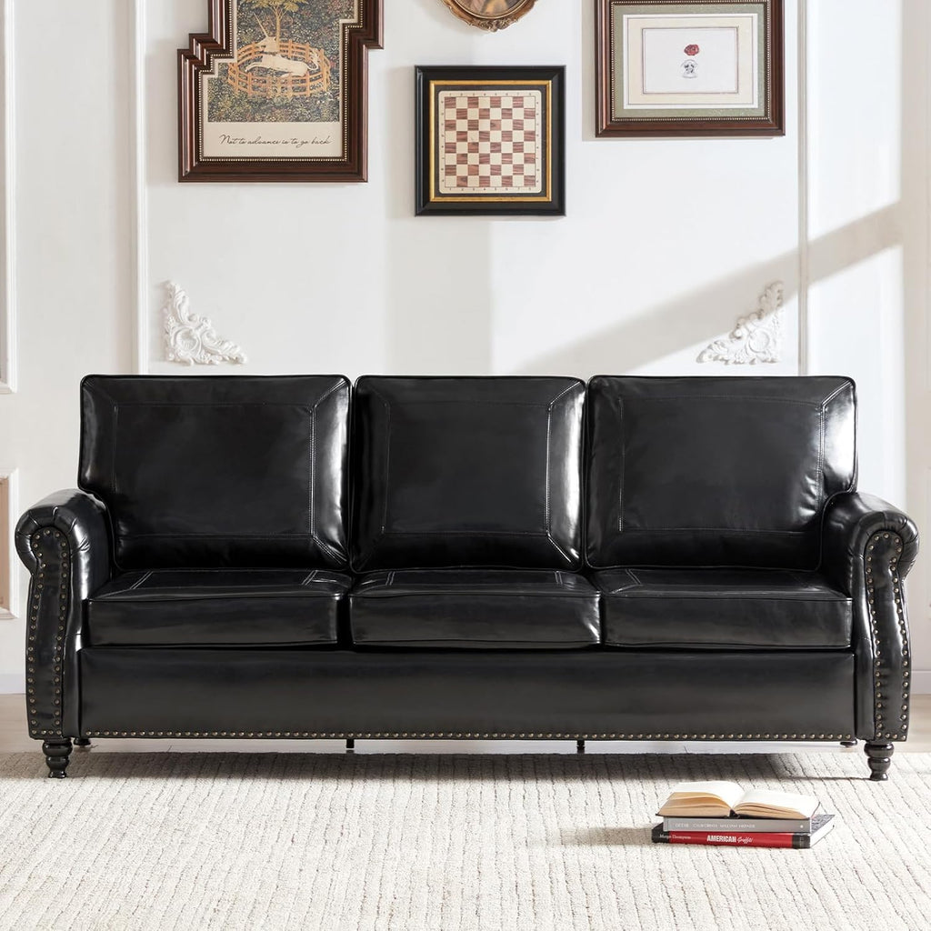 79'' Faux Leather Sofas, Mid Century Modern Couches with Rolled Arm & Nailhead Trim for Small Space, Apartment, Black
