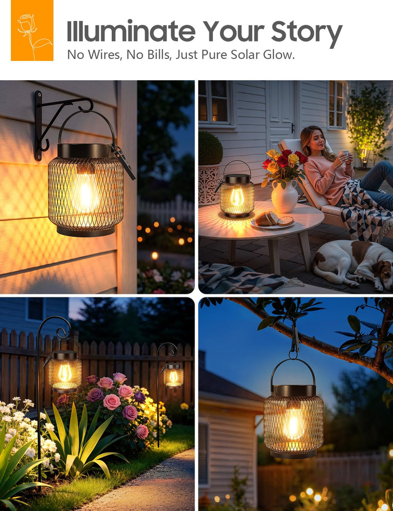 Metal Solar Lanterns Outdoor Waterproof, 4 Pack Brighter Hanging Solar Lights for Outside, Up to 15 Hours Modern