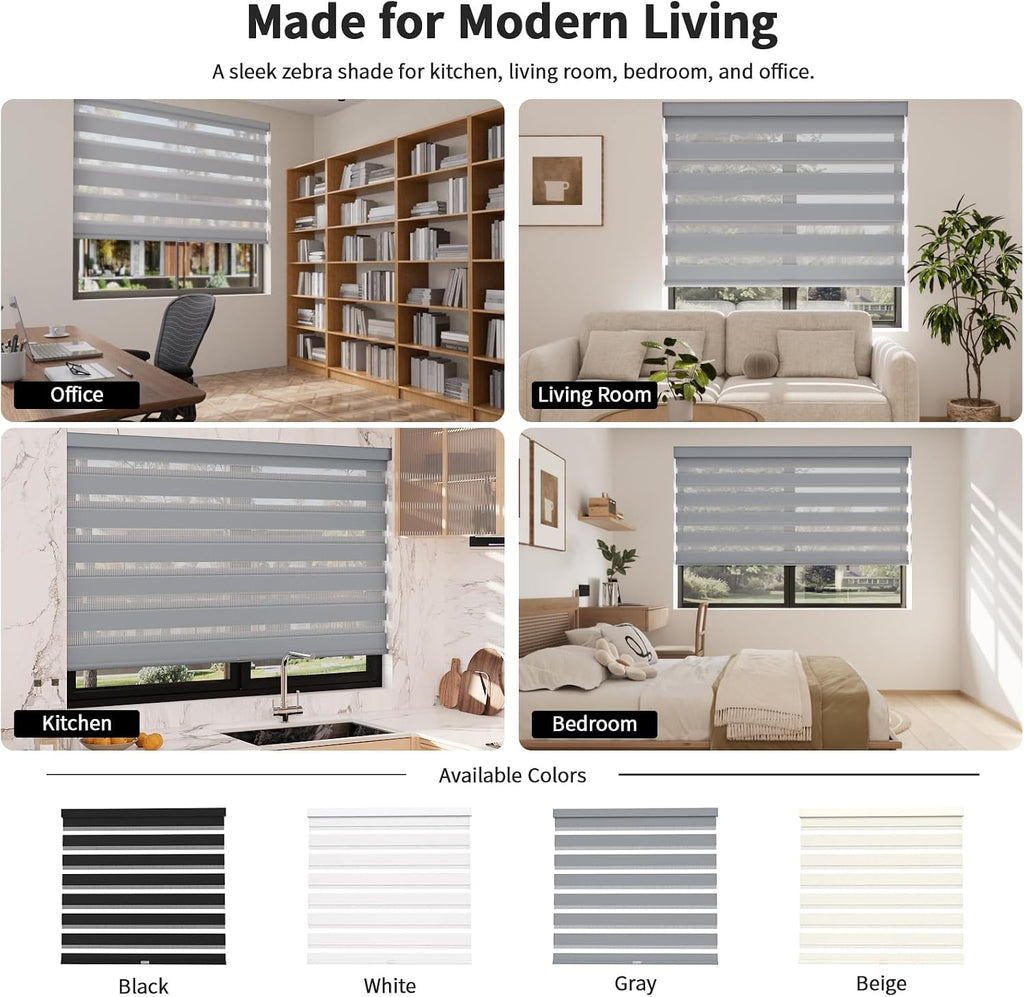 Cordless Zebra Blinds for Windows with Free-Stop(Gray,36" W x 72" H) Dual Layer Shades for Day & Night Privacy and