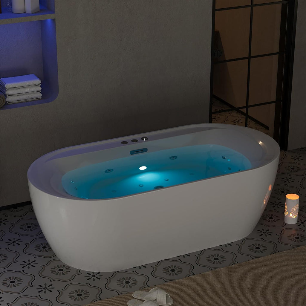 Acrylic Freestanding Bathtub, 71-Inch White Soaking Tub with Air Bubble Jets, Manual Control, Modern Stand-Alone Design