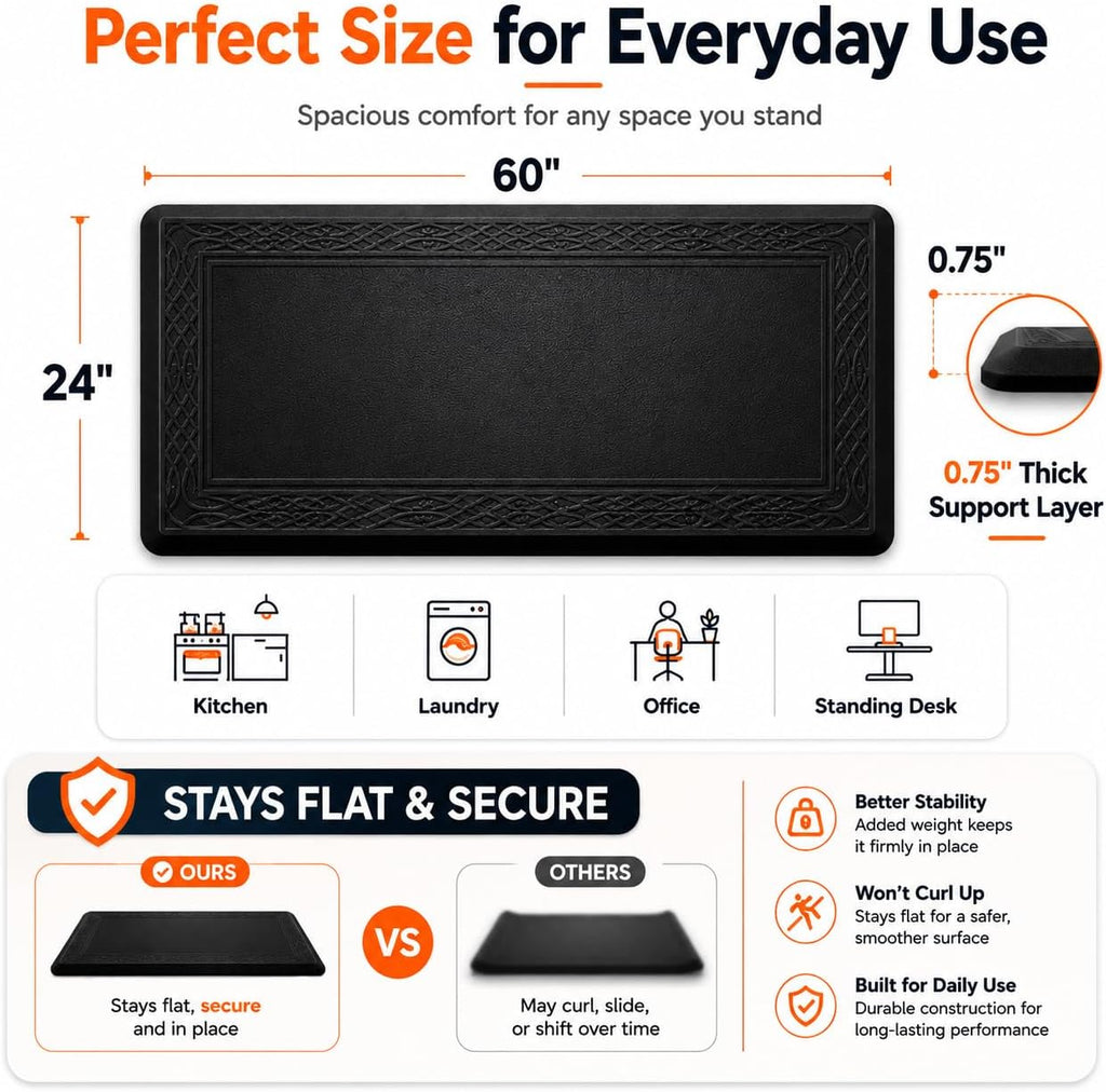 24 x 60 Inch Extra Support Anti Fatigue Comfort Kitchen Mat, Waterproof Long Kitchen Runner, Non-Slip Standing Desk