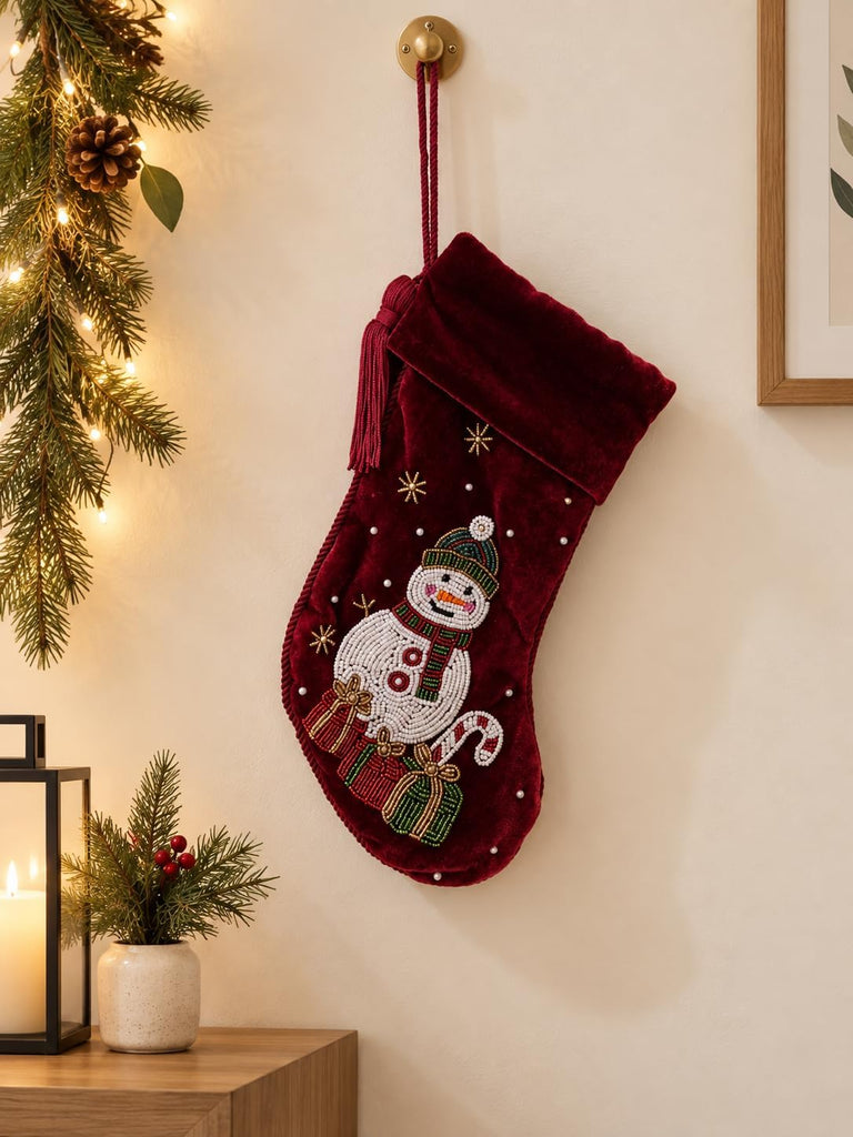 Handmade 12 Inch Red Velvet Christmas Stocking with Beaded Snowman, Holiday Stocking with Tassel, Embroidered
