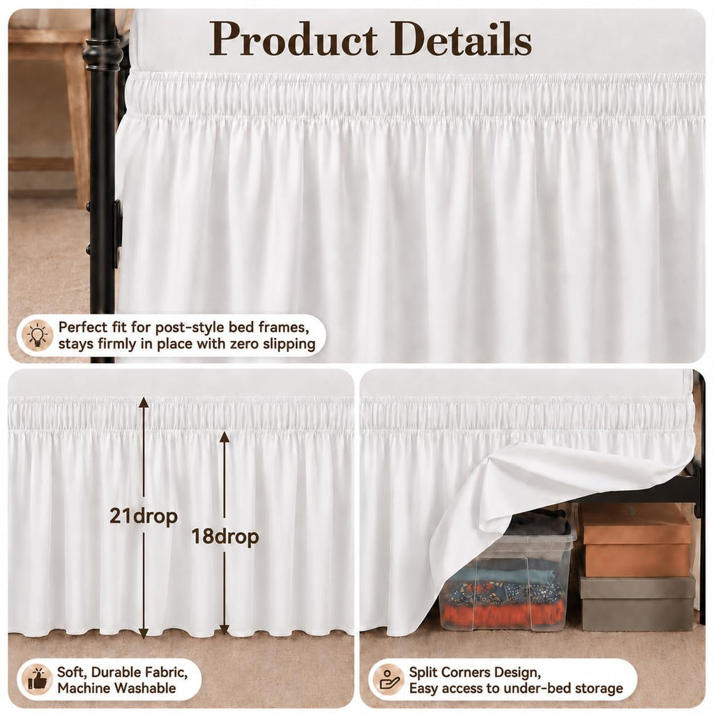 Queen Bed Skirt 21 Inch Drop, Elastic Wrap Around with Split Corners