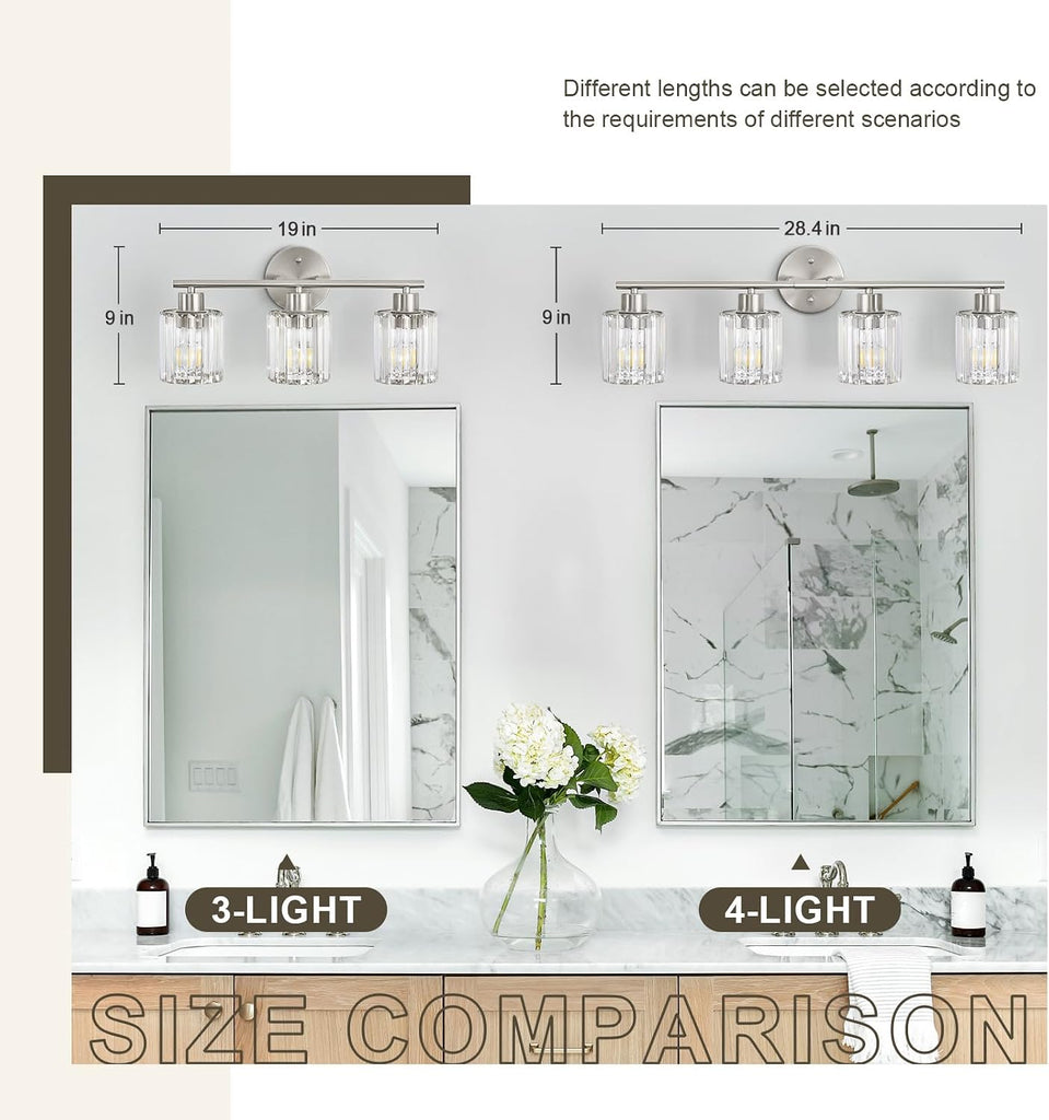 Modern Brushed Nickel Crystal Bathroom Light Fixtures,3-Light | Bathroom Lighting Fixtures over Mirror,Vanity Lights