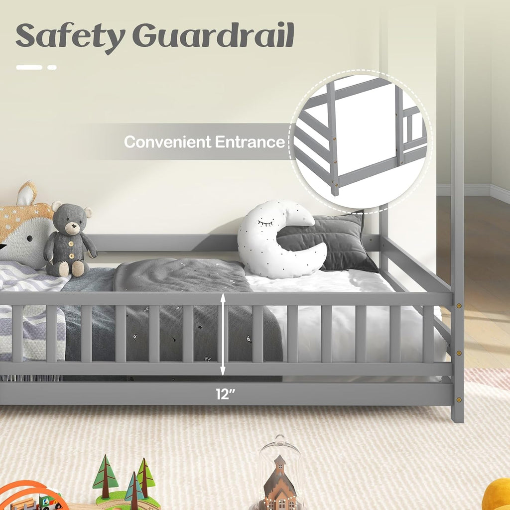 Floor House Bed, Wooden Montessori Bed with Roof &Full-Length Safety Guardrail, Floor Playhouse Bed Frame