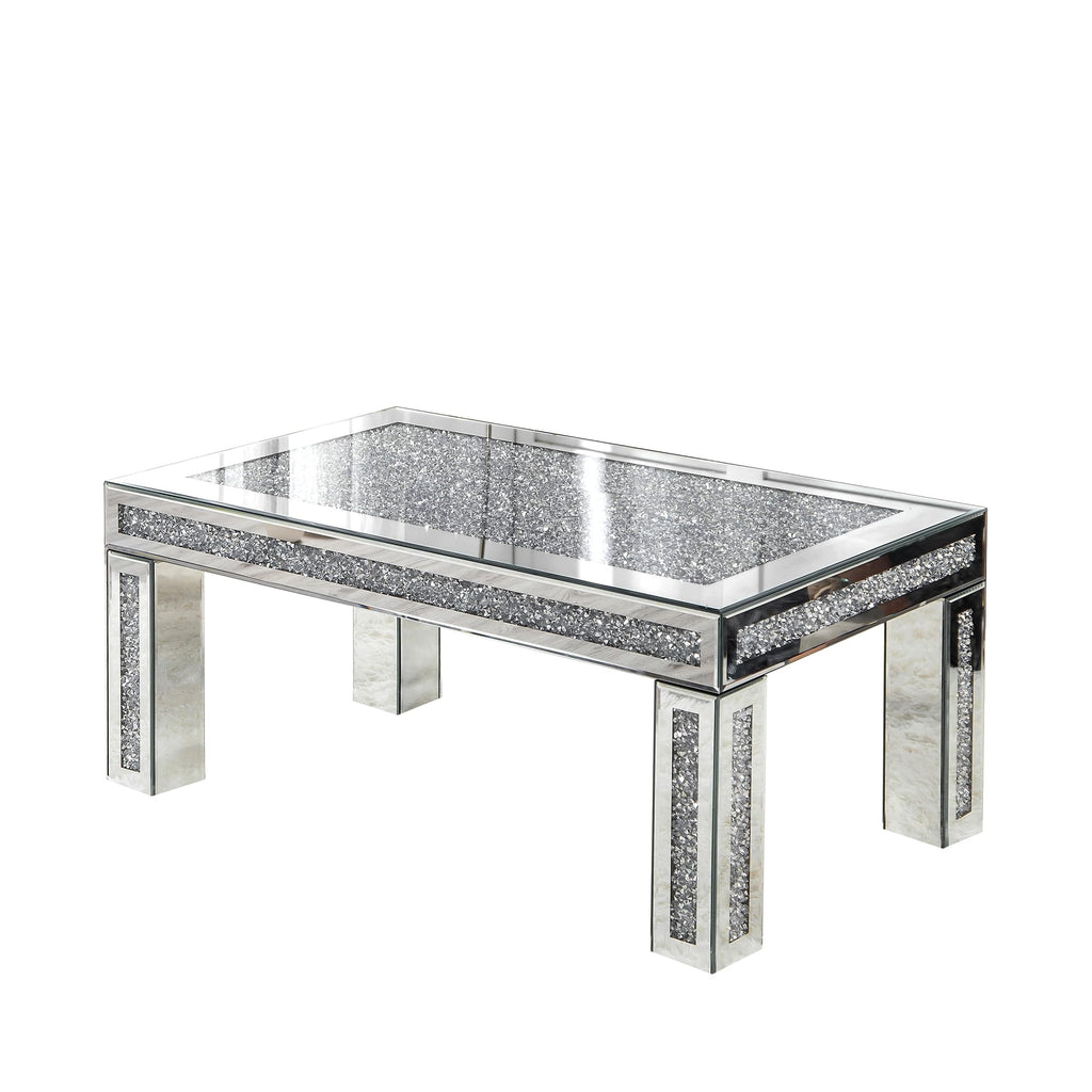 43.3" Silver Mirrored Coffee Table with Crushed Diamond Inlay
