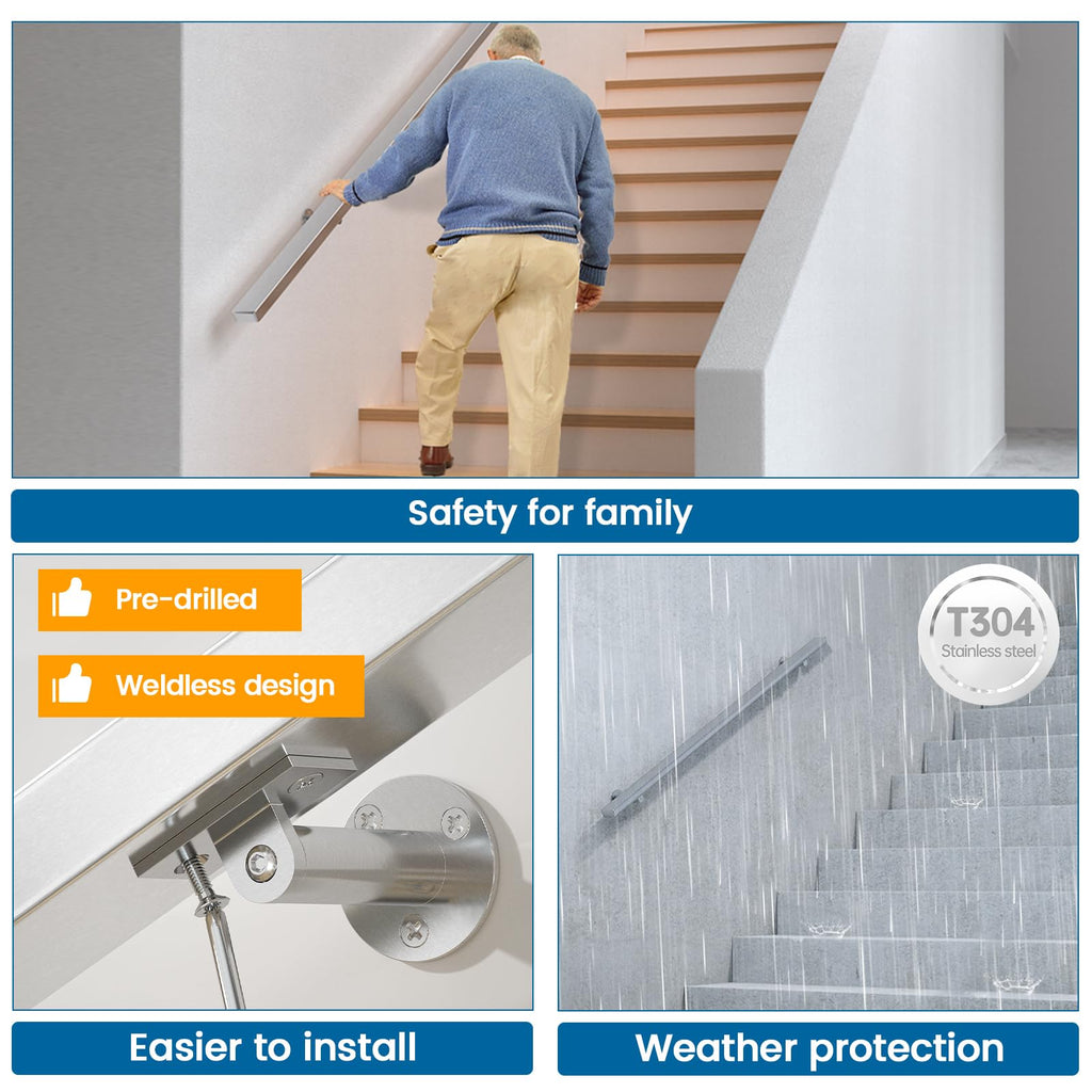 5FT Stainless Steel Stair Handrail Rectangular Wall-Mount HK28 SL4
