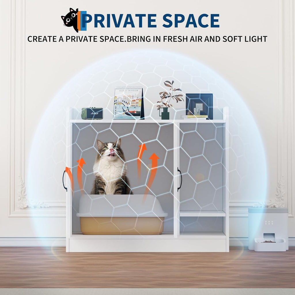 Large Wooden Cat Litter Box Enclosure, Hidden Litter Box Cabinet with Divider, Double Doors & Cat-Shaped Side Entry