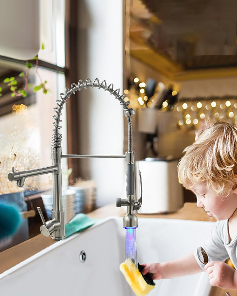 Commercial Pull Down Sprayer Brushed Nickel Kitchen Faucet | Single Handle Kitchen Sink Faucet with LED Light