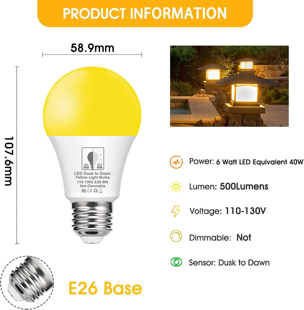 Dusk to Dawn LED Yellow Bug Light Bulb Outdoor, 6W(40W Equivalent)