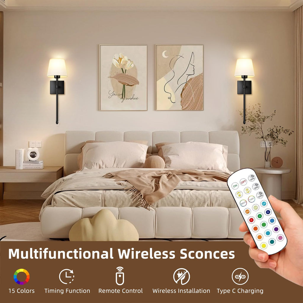 Rechargeable Battery Operated Wall Sconces Set of 2, Black Wireless Fabric Shade Wall Sconce with Remote Control