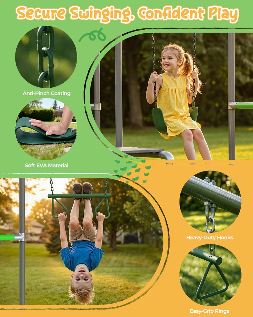 Outdoor Jungle Gym with Monkey Bars Frame, Climbing Set, Trapeze Swing Bar, Belt Swing, Kids Gymnastics Bars