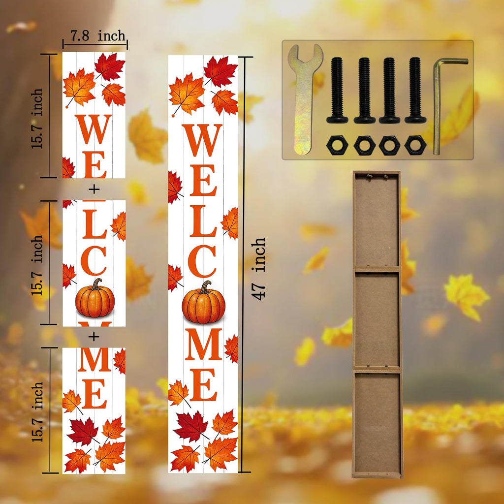 Fall Welcome Porch Sig 47" Tall Vertical Wooden Sign with Pumpkin Maple Leaves Farmhouse Rustic Autumn Thanksgiving