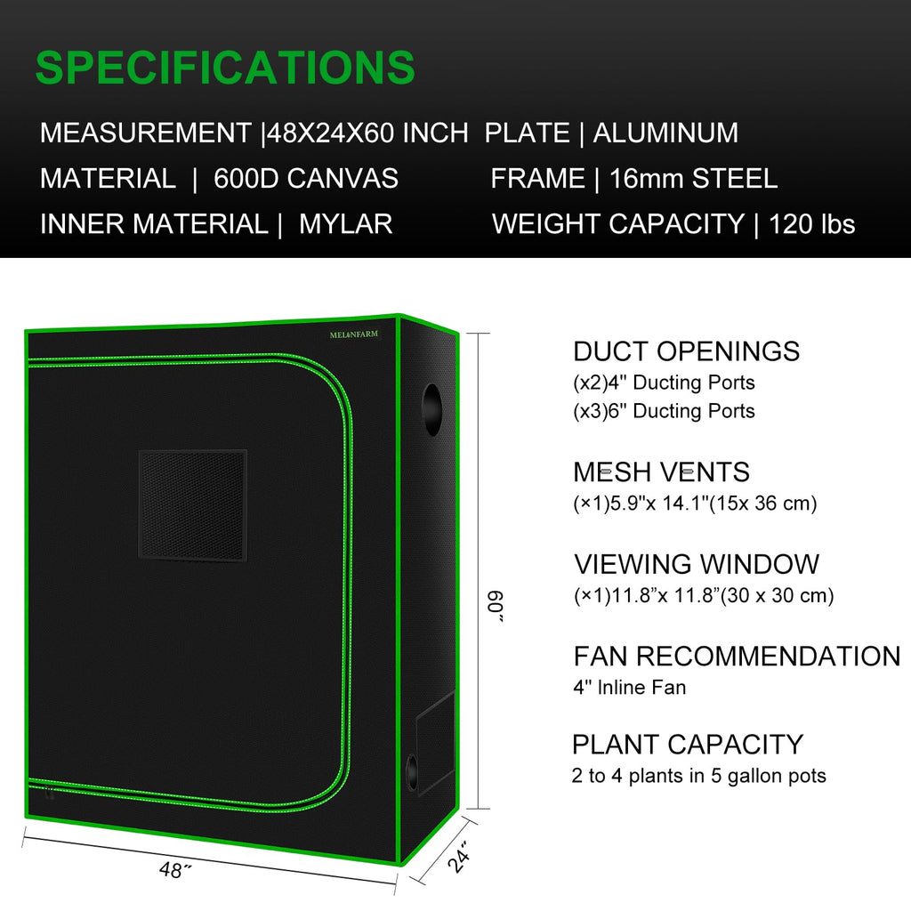4x2 Grow Tent, 48"x24"x60'' High Reflective 600D Diamond Mylar Canvas with Observation Window and Floor Tray for