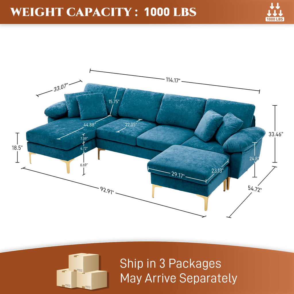 114" U-Shaped Modular Sectional Sofa, Blue