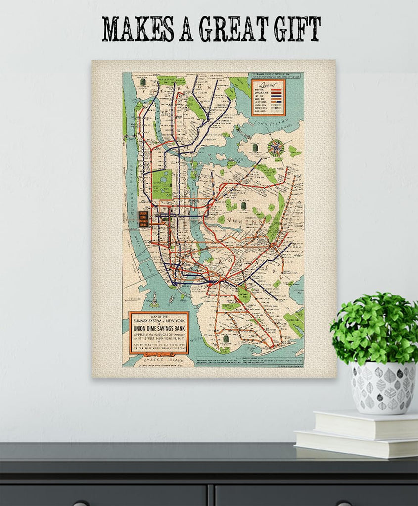 Vintage 1948 New York Subway Map 18x24 Stretched Canvas Poster - Classic NYC Transit Map Reproduction, Retro 1940s