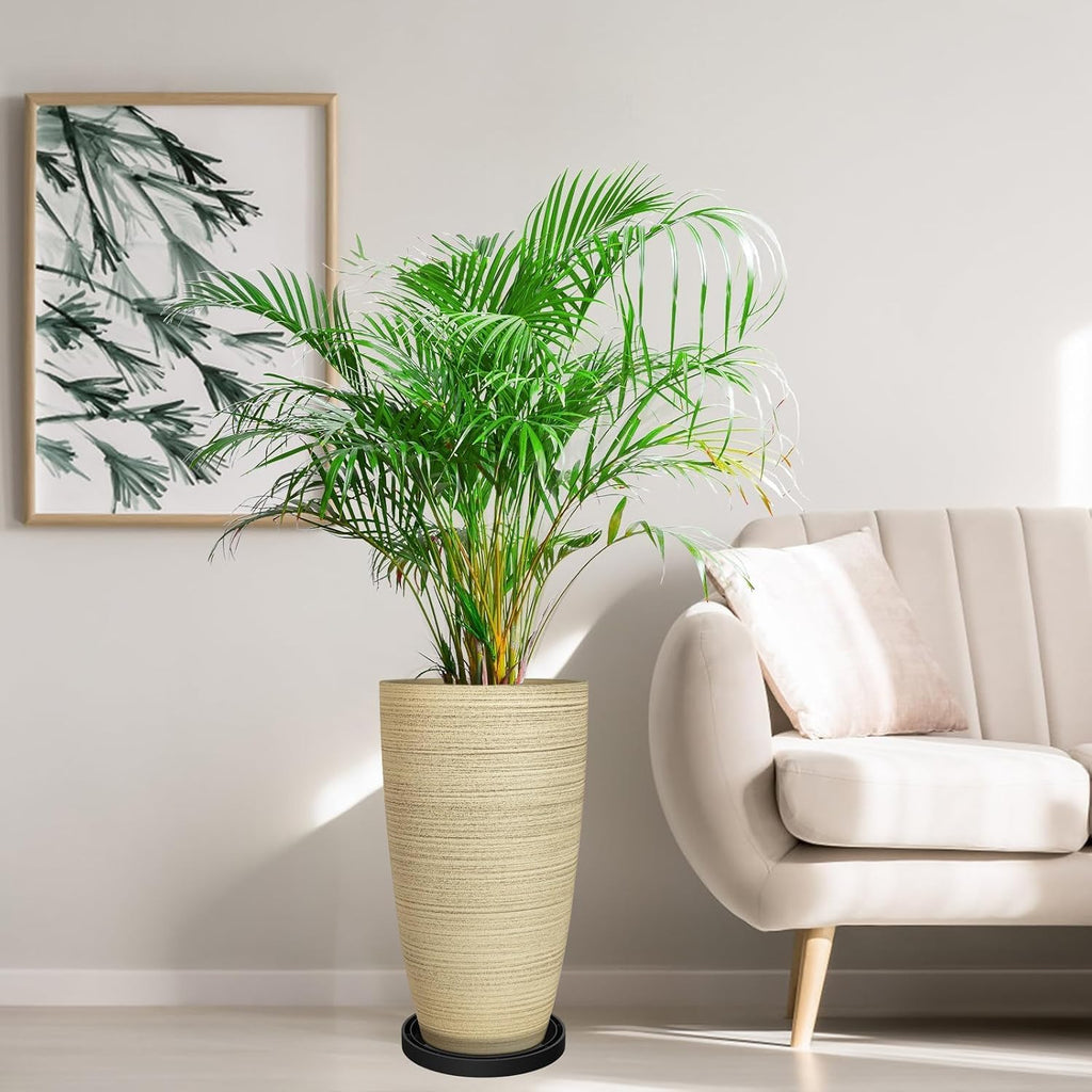 2-Pack Large Tall Planters with Saucer - 6.8 Gallons /12x21 Inch Faux Stone Finish Round Flower Pots for Indoor