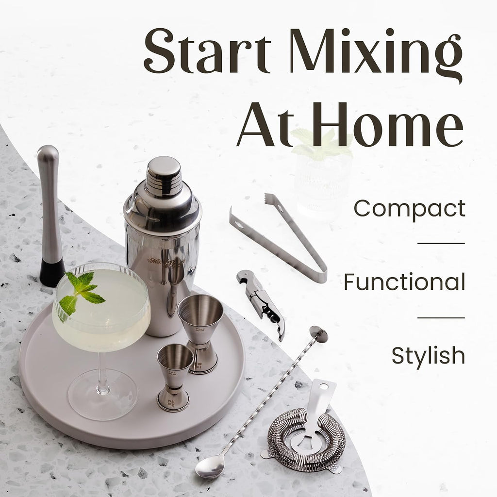 Rustic Cocktail Shaker Set - Includes Wood Stand, Complete Barware Kit with 24 Oz Shaker, Dual Jiggers, Pourers - Set of 11