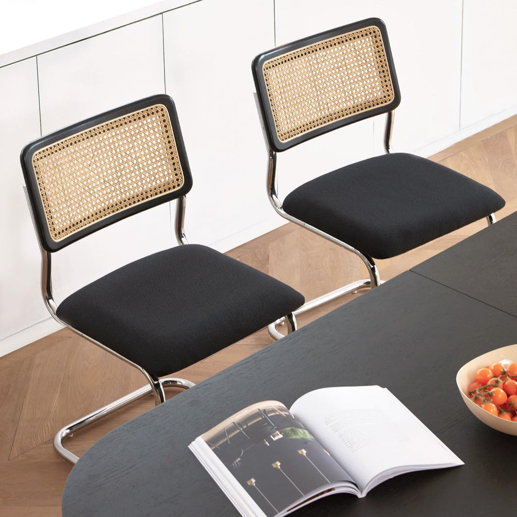 Rattan Dining Chairs Set of 2, Mid-Century Modern Wooden Chairs with Cane Mesh Back and Metal Chrome Legs, Black