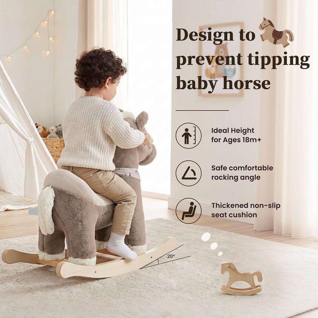 Rocking Horses Ages 1-3 Wooden Toddler Rocking Horse Plush Ride on Horse Toy with Realistic Sound Brown Horse Rocker